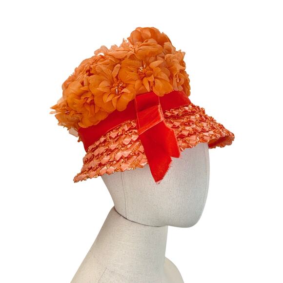 Vintage 1960s Orange Floral Raffia Straw Hat Velvet Ribbon Garden Party main image 6